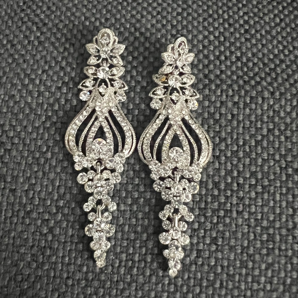 Silver Rhinestone Chandelier Dangle Earrings Statement Bridal 3.25" Glamcore